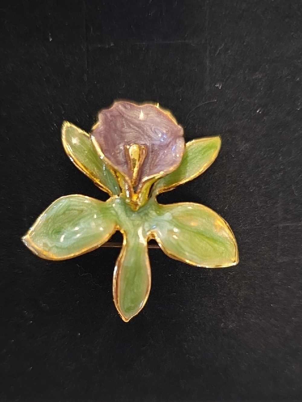 Vintage Lavender Enamel Orchid Floral Gold Tone Corsage Brooch